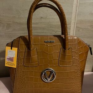 Valentino Tan Croc-Embossed Satchel